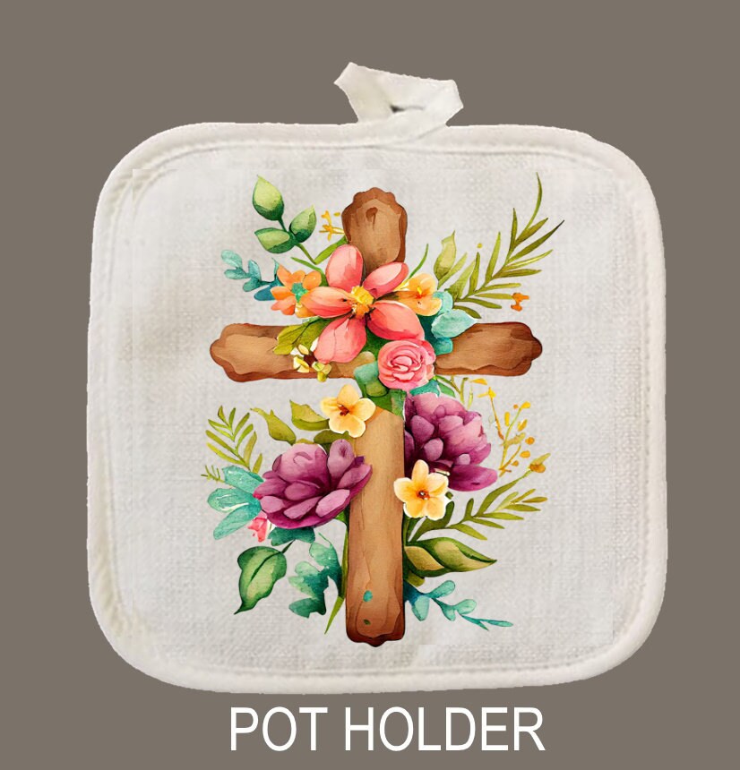 Floral Cross Oven Mitt & Pot Holder Set, Grandma Gift Set Personalized Oven Mitts, Gifts for Mom, Floral Mimi's Kitchen Camping RV