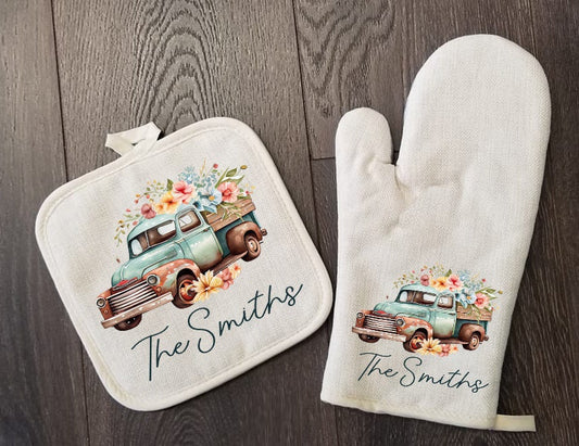 Vintage Truck Spring Flowers Personalized Oven Mitt & Pot Holder Set, Grandma Gift Set Oven Mitts, Gifts for Mom, Camping RV