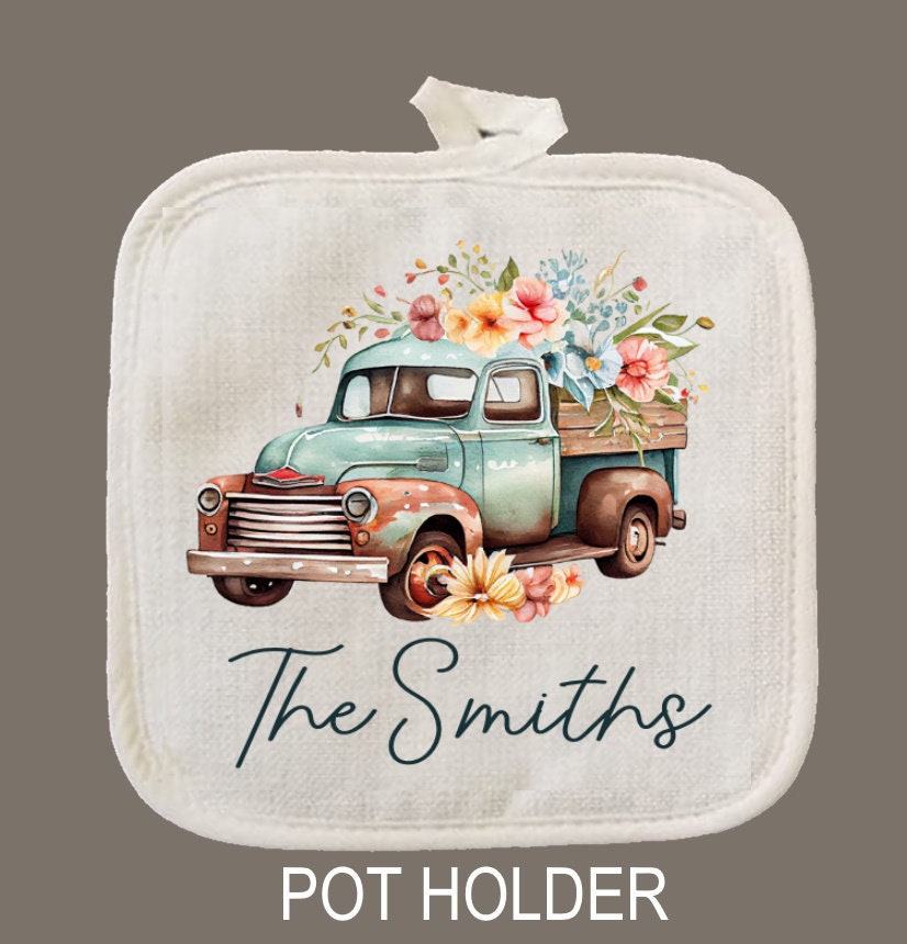 Vintage Truck Spring Flowers Personalized Oven Mitt & Pot Holder Set, Grandma Gift Set Oven Mitts, Gifts for Mom, Camping RV