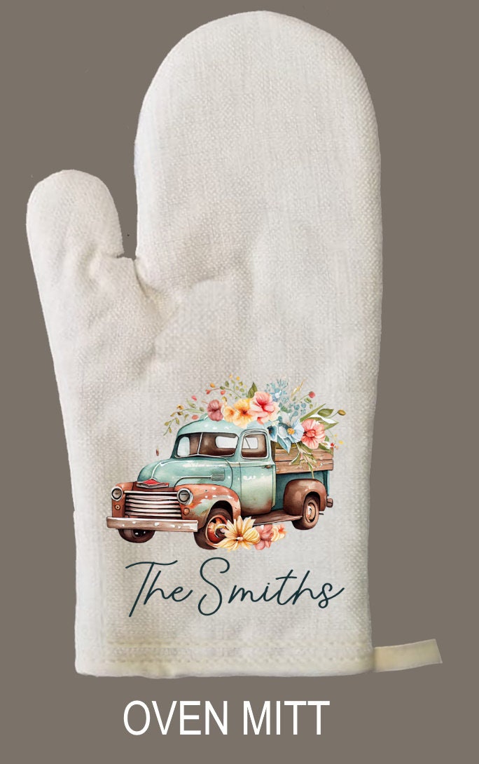 Vintage Truck Spring Flowers Personalized Oven Mitt & Pot Holder Set, Grandma Gift Set Oven Mitts, Gifts for Mom, Camping RV