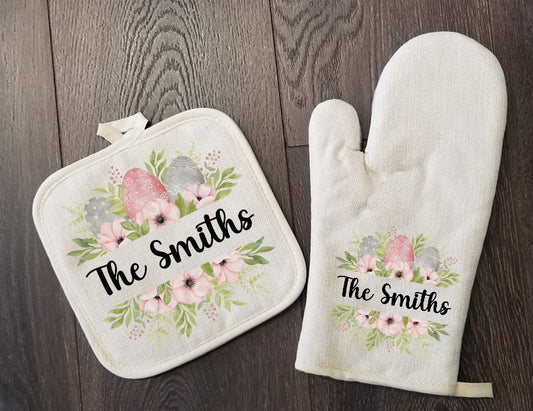 Easter Egg Arrangement Oven Mitt & Pot Holder Set, Grandma Gift Set Personalized Oven Mitts, Gifts for Mom, Floral Mimi's Kitchen Camping RV