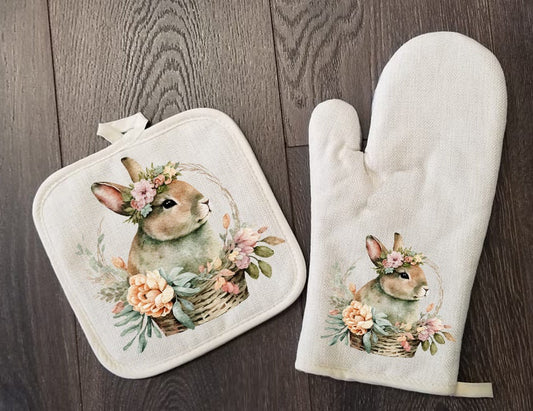 Easter Bunny Basket Oven Mitt & Pot Holder Set, Grandma Gift Set Personalized Oven Mitts, Gifts for Mom, Floral Mimi's Kitchen Camping RV
