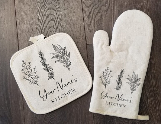 Personalized Oven Mitt & Pot Holder Set, Kitchen Herbs Oven Mitts Gift Set Wedding Bridal Shower, Mother's Day, Custom Kitchen Set