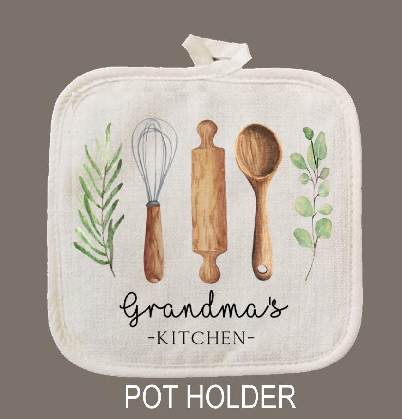 Personalized Oven Mitt & Pot Holder Set, Utensils Grandma Gift Set Hand Drawn Whisk Spoon Oven Mitts, Gifts for Mom, New Home Gift