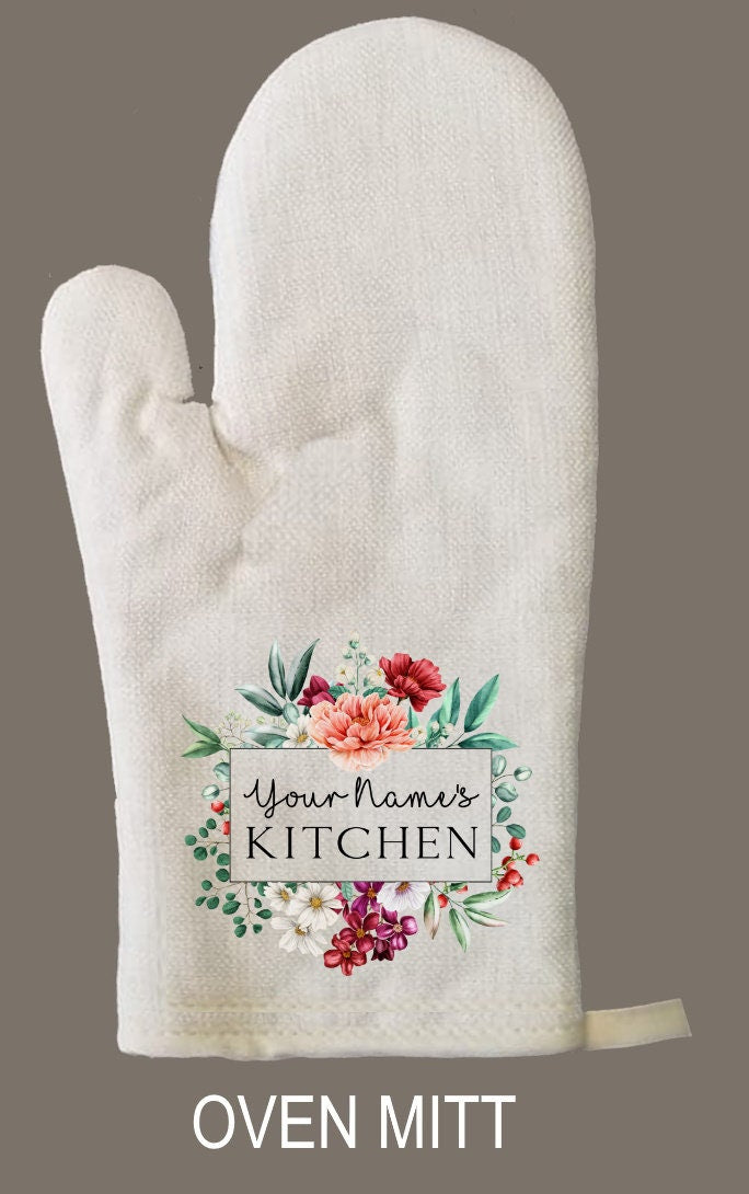 Personalized Oven Mitt & Pot Holder Set, Floral Name Gift Set Wedding Bridal Shower Oven Mitts, Mother's Day, Custom Kitchen Set