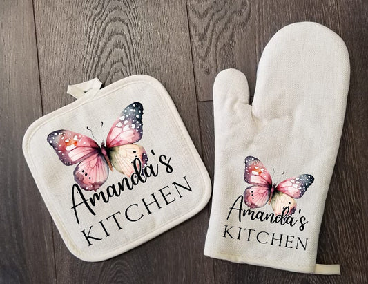 Personalized Oven Mitt & Pot Holder Set, Butterfly Gift Set Wedding Bridal Shower Oven Mitts, Mother's Day, Custom Kitchen Set