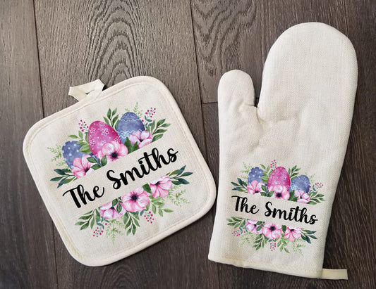 Floral Easter Eggs Oven Mitt & Pot Holder Set, Grandma Gift Set Personalized Oven Mitts, Gifts for Mom, Floral Mimi's Kitchen Camping RV