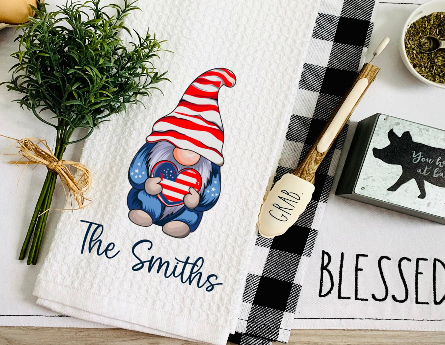 Patriotic 4th of July Gnome Tea Dish Towel - Personalized Independence Day Gnomes Towel Kitchen Décor - Housewarming Decorations house Towel