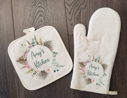 Personalized Oven Mitt & Pot Holder Set, Floral Leaves Name Gift Set Wedding Bridal Shower Oven Mitts, Mother's Day, Custom Kitchen Set