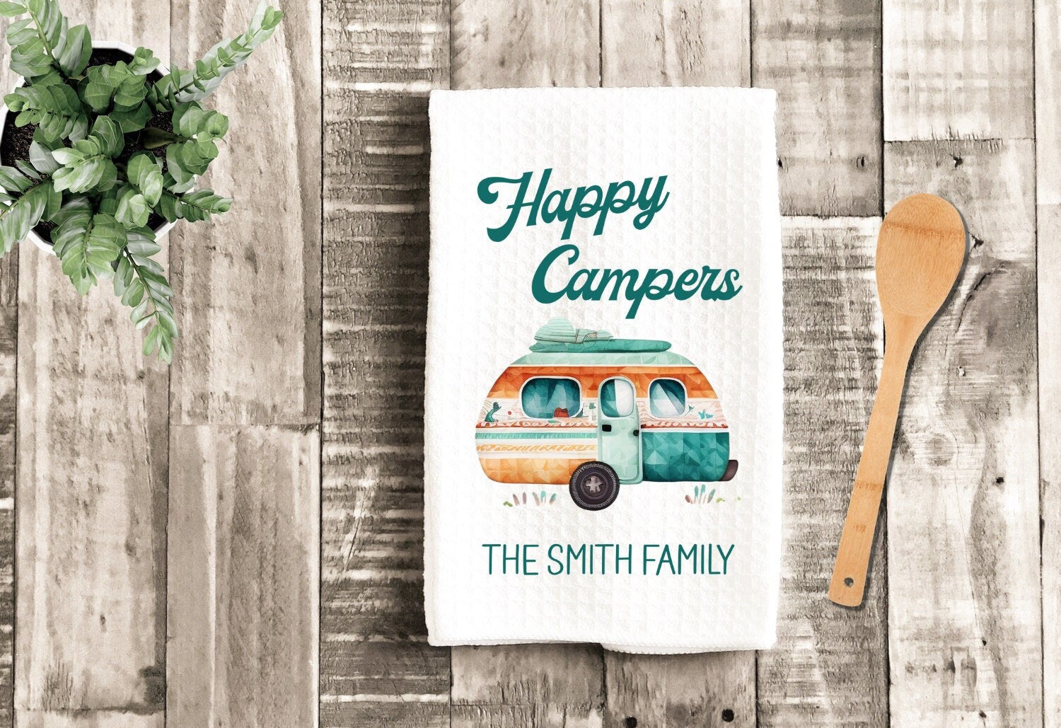 Happy Campers Watercolor Camp Dish Towel - Personalized Tea Towel Camper Kitchen Decor - Camping RV Travel Trailer Kitchen Towel