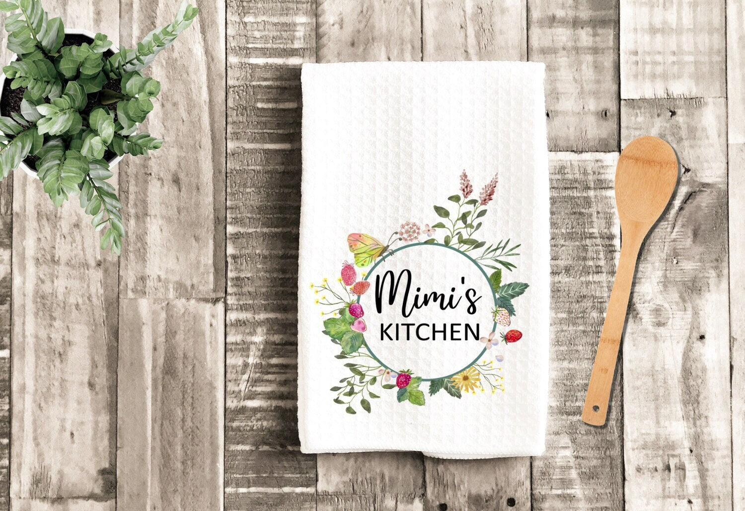 Mimi's Kitchen Butterfly Floral Watercolor Grandma Dish Towel - Mother's Day Mimi Tea Towel Kitchen Decor - Grandmother Gift Farm Decoration