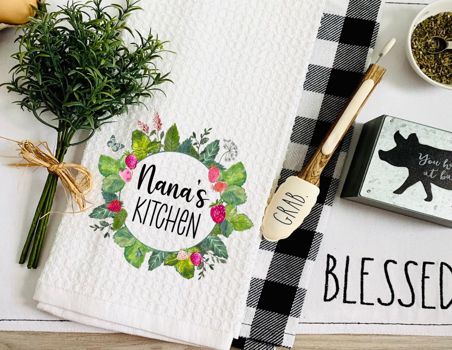 Nana's Kitchen Floral Strawberry Grandma Dish Towel - Mother's Day Nana Tea Towel Kitchen Decor - New Home Gift Farm Decorations house Towel