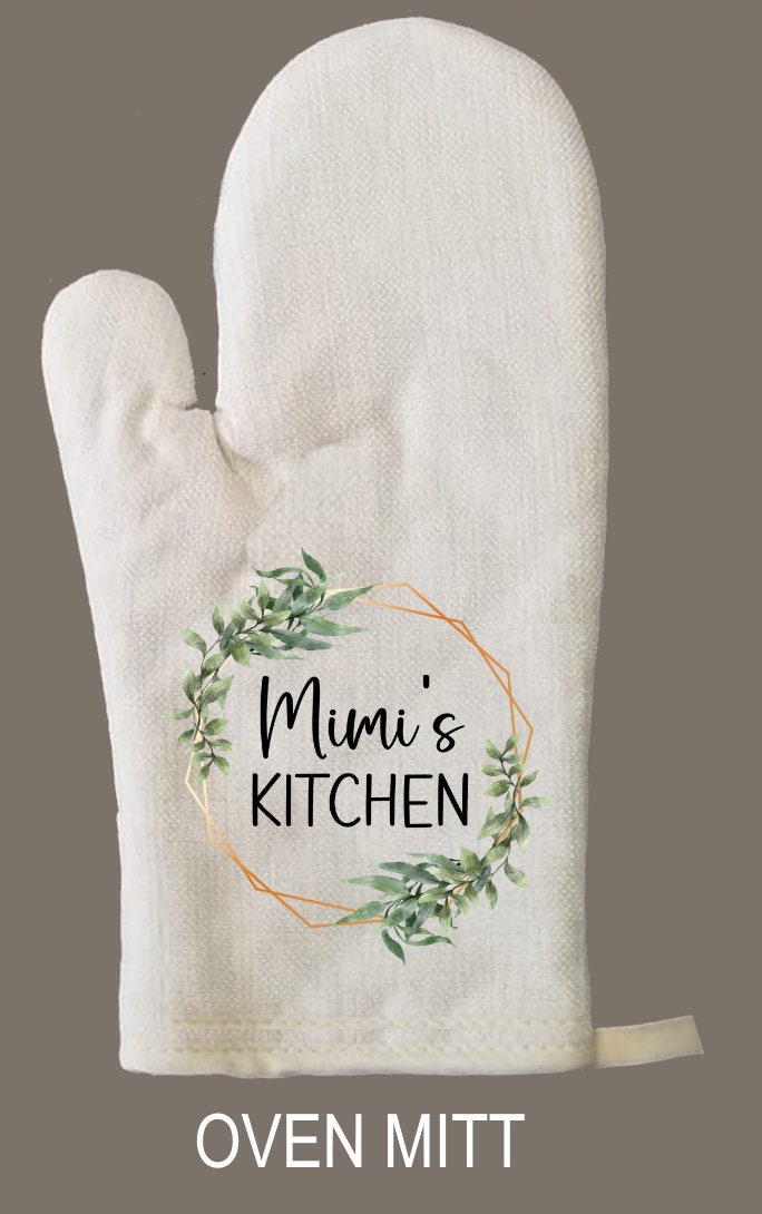 Personalized Oven Mitt & Pot Holder Set, Floral Greenery Frame Gift Set Personalized Oven Mitts, Gifts for Mom, Mimi's Kitchen Camping RV