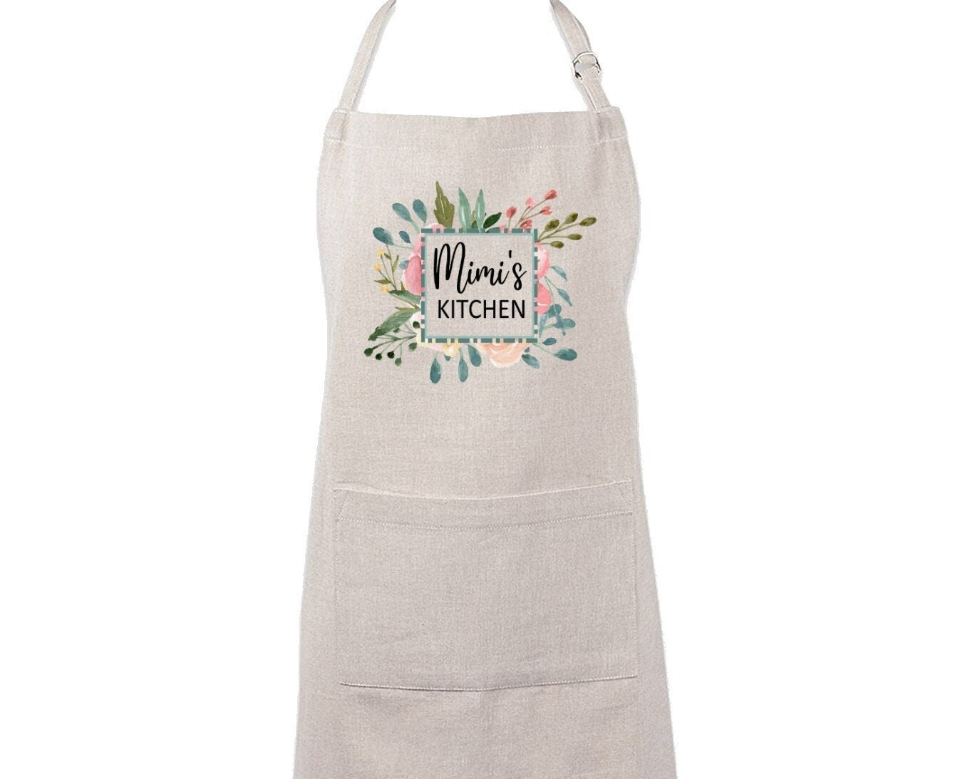 Personalized Linen Apron, Custom Kitchen Cooking Apron Floral Greenery Frame Gift Set Personalized Apron, Gifts for Mom, Mimi's Kitchen