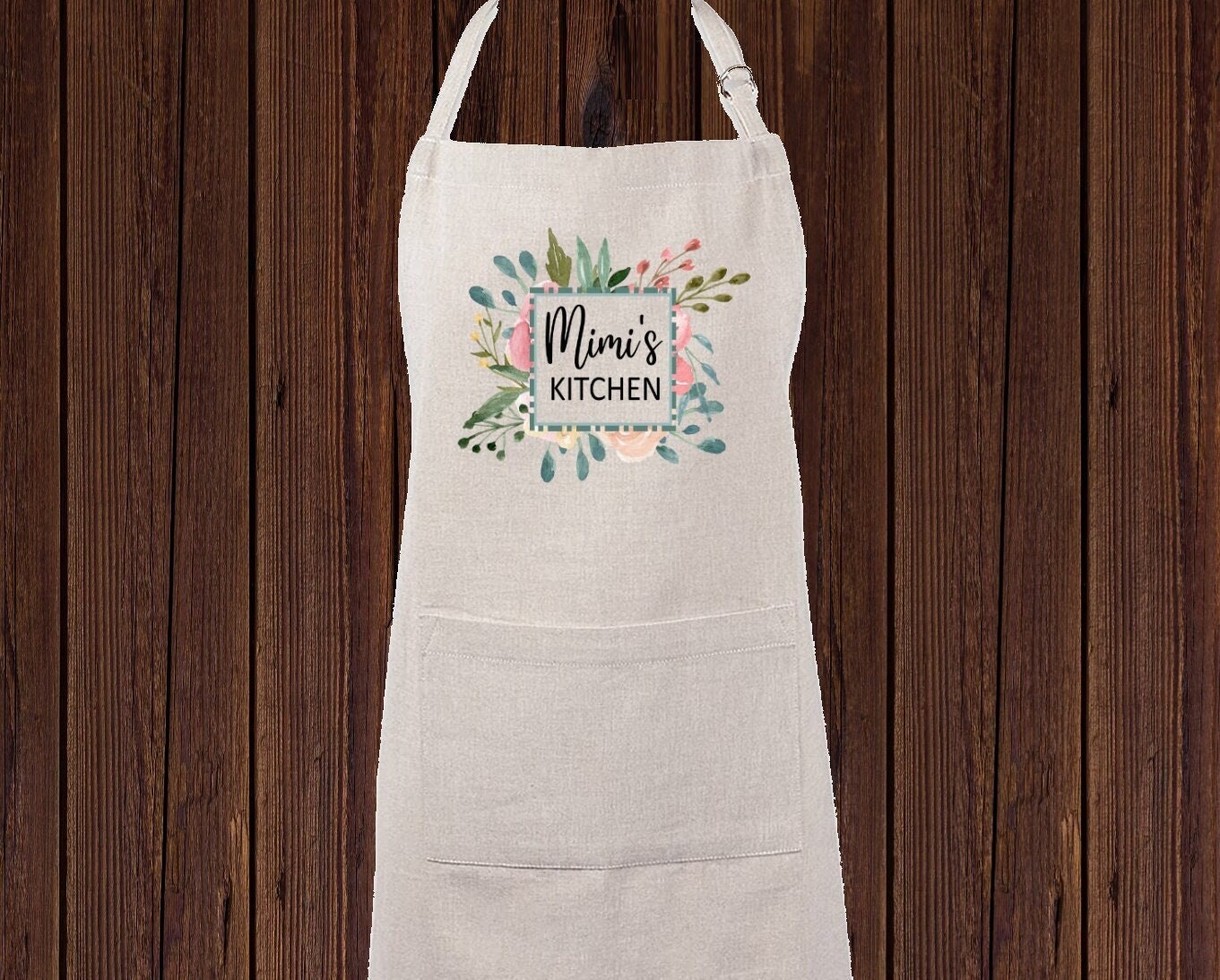 Personalized Linen Apron, Custom Kitchen Cooking Apron Floral Greenery Frame Gift Set Personalized Apron, Gifts for Mom, Mimi's Kitchen