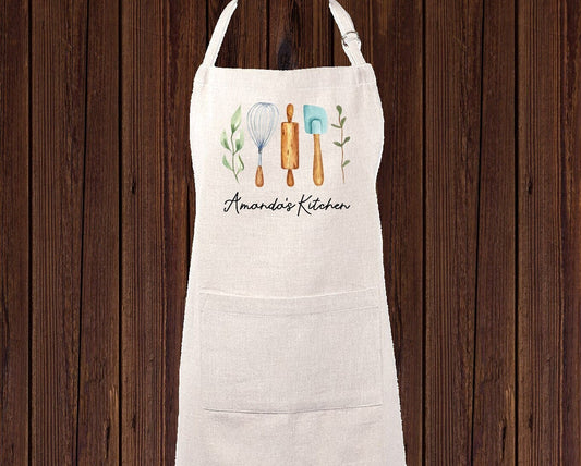 Personalized Linen Apron, Custom Kitchen Cooking Apron Cooking Utensils, Baker Gift Set Personalized Apron, Gifts for Mom, Grandma's Kitchen