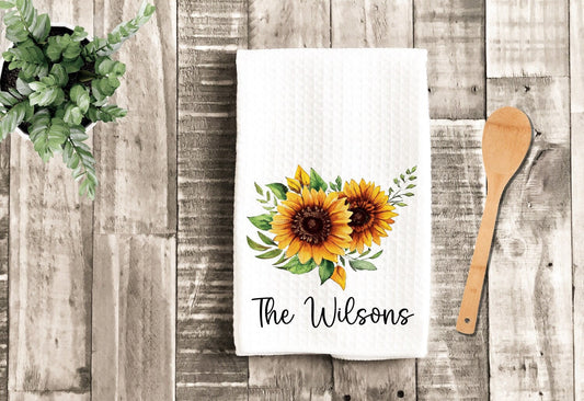 Sunflower Bouquet Tea Dish Towel - Sunflowers Personalized Towel Kitchen Décor - Housewarming Farm Decorations Farmhouse Waffle Towel
