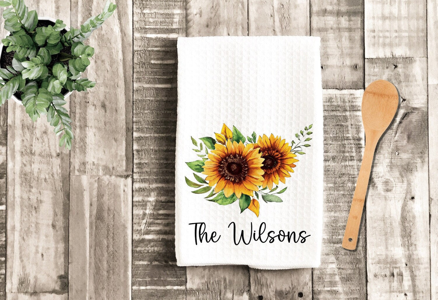 Sunflower Bouquet Tea Dish Towel - Sunflowers Personalized Towel Kitchen Décor - Housewarming Farm Decorations Farmhouse Waffle Towel