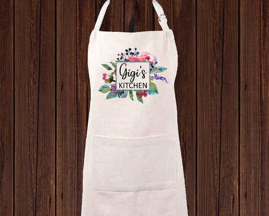 Personalized Linen Apron, Custom Kitchen Cooking Apron Floral Gigi Gift Personalized Apron, Gifts for Mom, Mimi's Kitchen