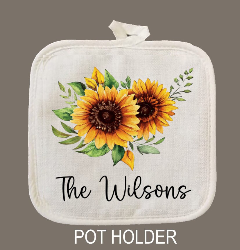 Personalized Oven Mitt & Pot Holder Set, Sunflowers Gift Set Personalized Oven Mitts, Gifts for Mom, Mimi's Kitchen Camping RV