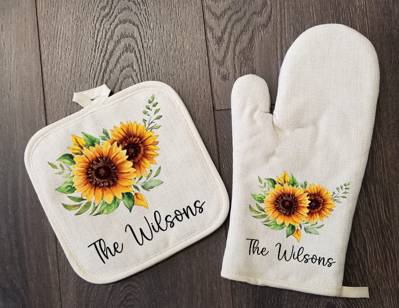 Personalized Oven Mitt & Pot Holder Set, Sunflowers Gift Set Personalized Oven Mitts, Gifts for Mom, Mimi's Kitchen Camping RV