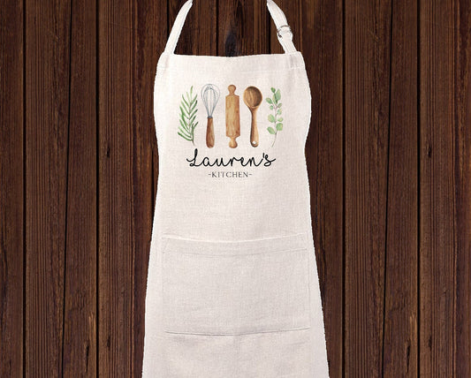 Personalized Custom Linen Apron, Custom Kitchen Cooking Apron Cooking Utensils, Baker Gift Set Personalized Apron, Gifts for Mom Grandma