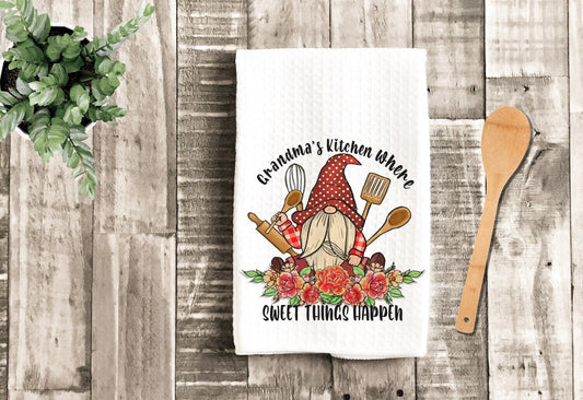 Grandma's Kitchen Gnome Sweet Things Dish Towel - Mother's Day Tea Towel Kitchen Decor - New Home Gift Farm Decorations house Towel