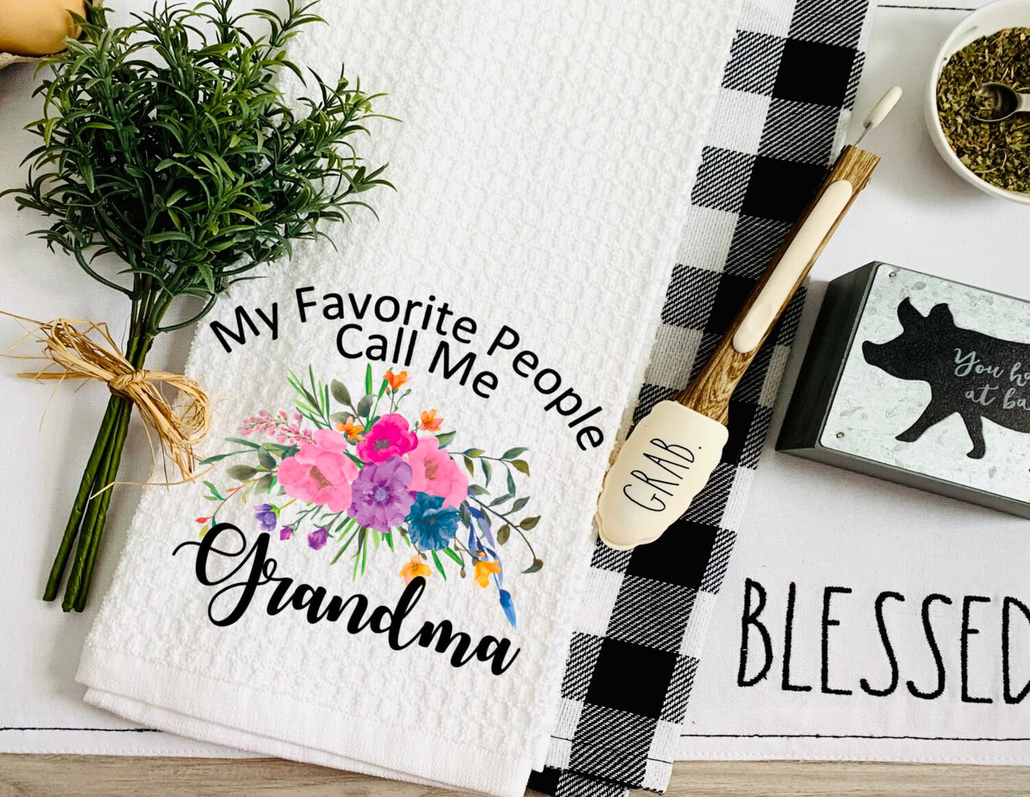 My Favorite People Call Me Grandma Floral Watercolor Dish Towel - Mother's Day Tea Towel Kitchen Decor - Farm Decorations house Towel