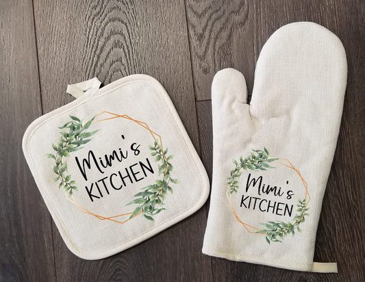 Personalized Oven Mitt & Pot Holder Set, Floral Greenery Frame Gift Set Personalized Oven Mitts, Gifts for Mom, Mimi's Kitchen Camping RV