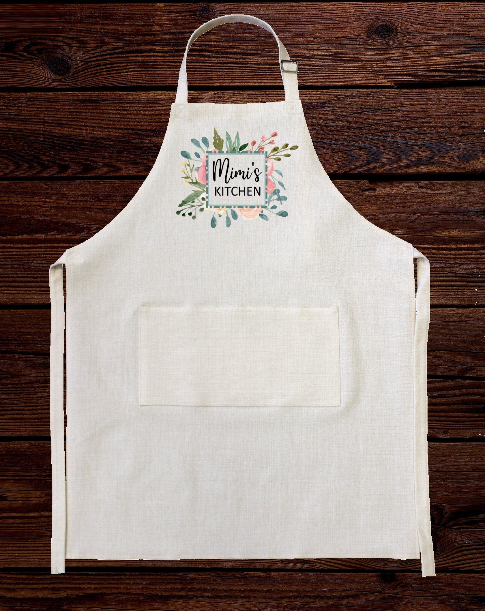 Personalized Linen Apron, Custom Kitchen Cooking Apron Floral Greenery Frame Gift Set Personalized Apron, Gifts for Mom, Mimi's Kitchen