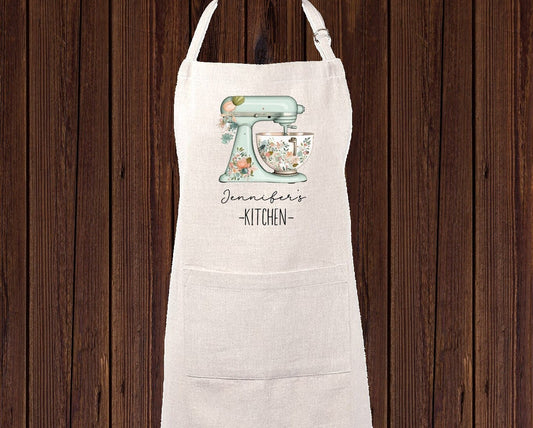 Personalized Linen Apron, Custom Kitchen Cooking Apron Floral Mixer, Baker Gift Set Personalized Apron, Gifts for Mom, Grandma's Kitchen
