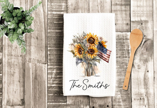 Sunflowers American Flag Tea Dish Towel - Personalized 4th Of July Towel Kitchen Décor - Housewarming Decorations house Towel