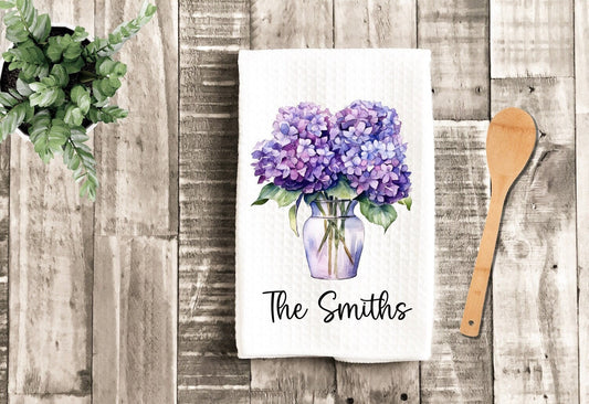 Personalized Purple Hydrangeas Tea Dish Towel - Floral Tea Towel Kitchen Décor - Housewarming Farm Decorations house Towel - Gift For Mom