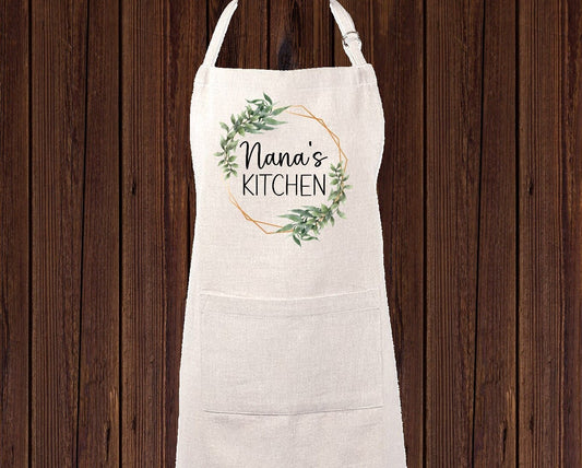 Personalized Linen Apron, Custom Kitchen Cooking Apron Gold Greenery Frame Gift Set Personalized Apron, Gifts for Mom, Nana's Kitchen