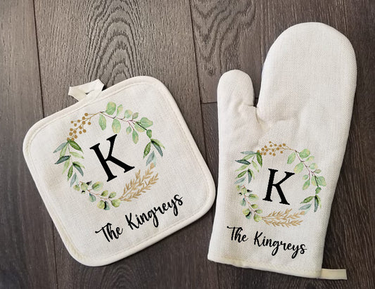 Personalized Oven Mitt & Pot Holder Set, Floral Leaf Frame Gift Set Personalized Oven Mitts, Mom's Kitchen, Mimi's Kitchen Camping RV