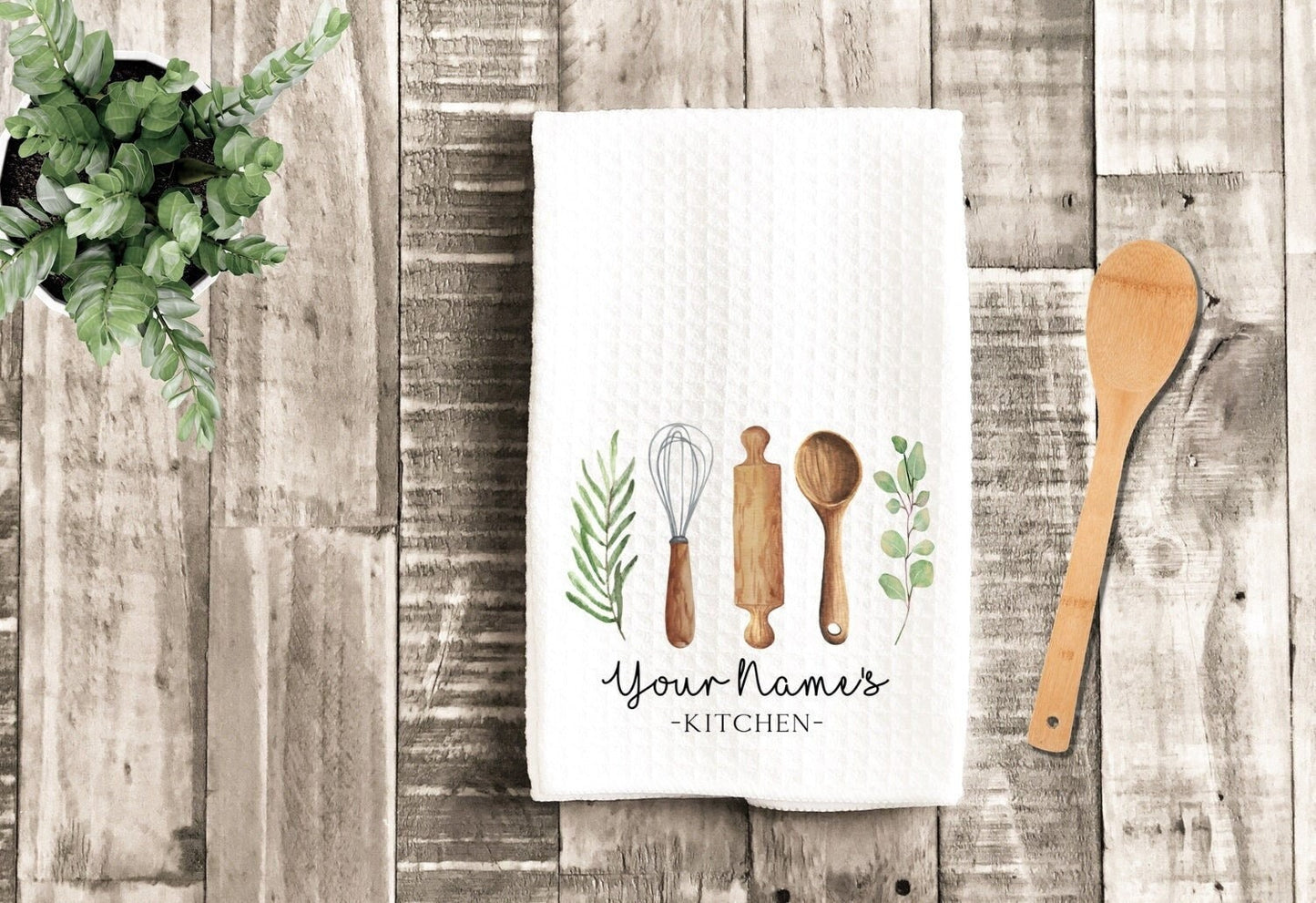 Personalized Tea Dish Towel - Watercolor Utensils Tea Towel Kitchen Décor - Housewarming Farm Decorations house Towel, Grandma Mom Gift