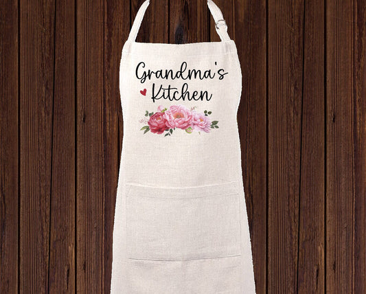 Personalized Roses Linen Apron, Custom Kitchen Cooking Apron Utensils, Baker Gift Set Personalized Apron, Gifts for Mom, Grandma's Kitchen
