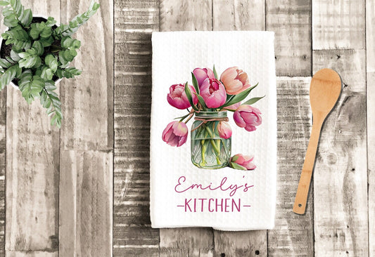 Personalized Kitchen Floral Tulips Watercolor Grandma Dish Towel - Mother's Day Tea Towel Kitchen Decor - New Home Gift Farm Decorations
