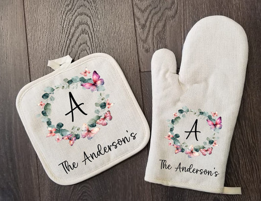 Personalized Oven Mitt & Pot Holder Set, Butterfly Eucalyptus Gift Set Personalized Oven Mitts, Mom's Kitchen, Mimi's Kitchen Camping RV