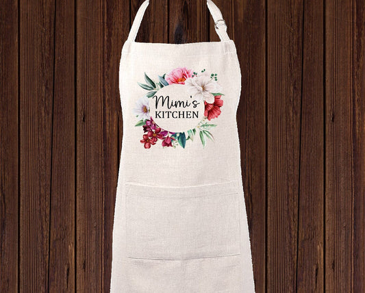 Personalized Floral Bloom Linen Apron, Custom Kitchen Cooking Apron Floral Gigi Gift Personalized Apron, Gifts for Mom, Mimi's Kitchen