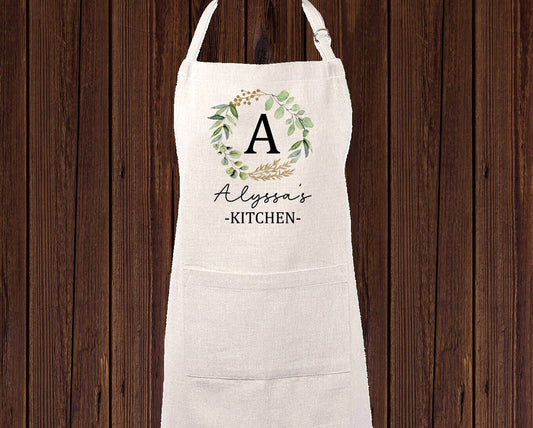 Personalized Floral Monogram Linen Apron, Custom Kitchen Cooking Apron Wreath Gigi Gift Personalized Apron, Gifts for Mom, Mimi's Kitchen