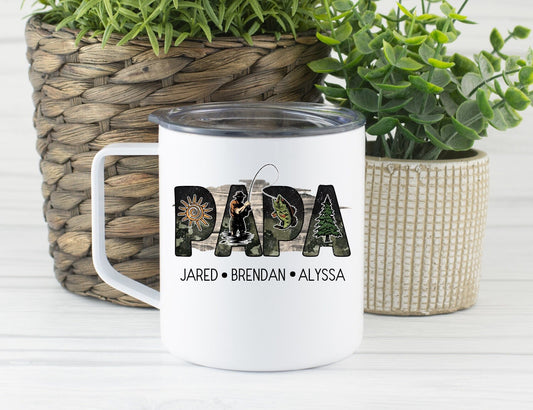 Personalized Papa Mug, Fishing Papa Travel Mug, Father's Day Mug, Grandpa Travel Cup, Coffee Stainless Steel Mug With Lid