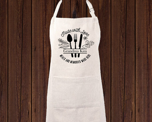 Personalized Made With Love Linen Apron, Custom Kitchen Cooking Apron Grandma Gigi Gift Personalized Apron, Gifts for Mom, Mimi's Kitchen