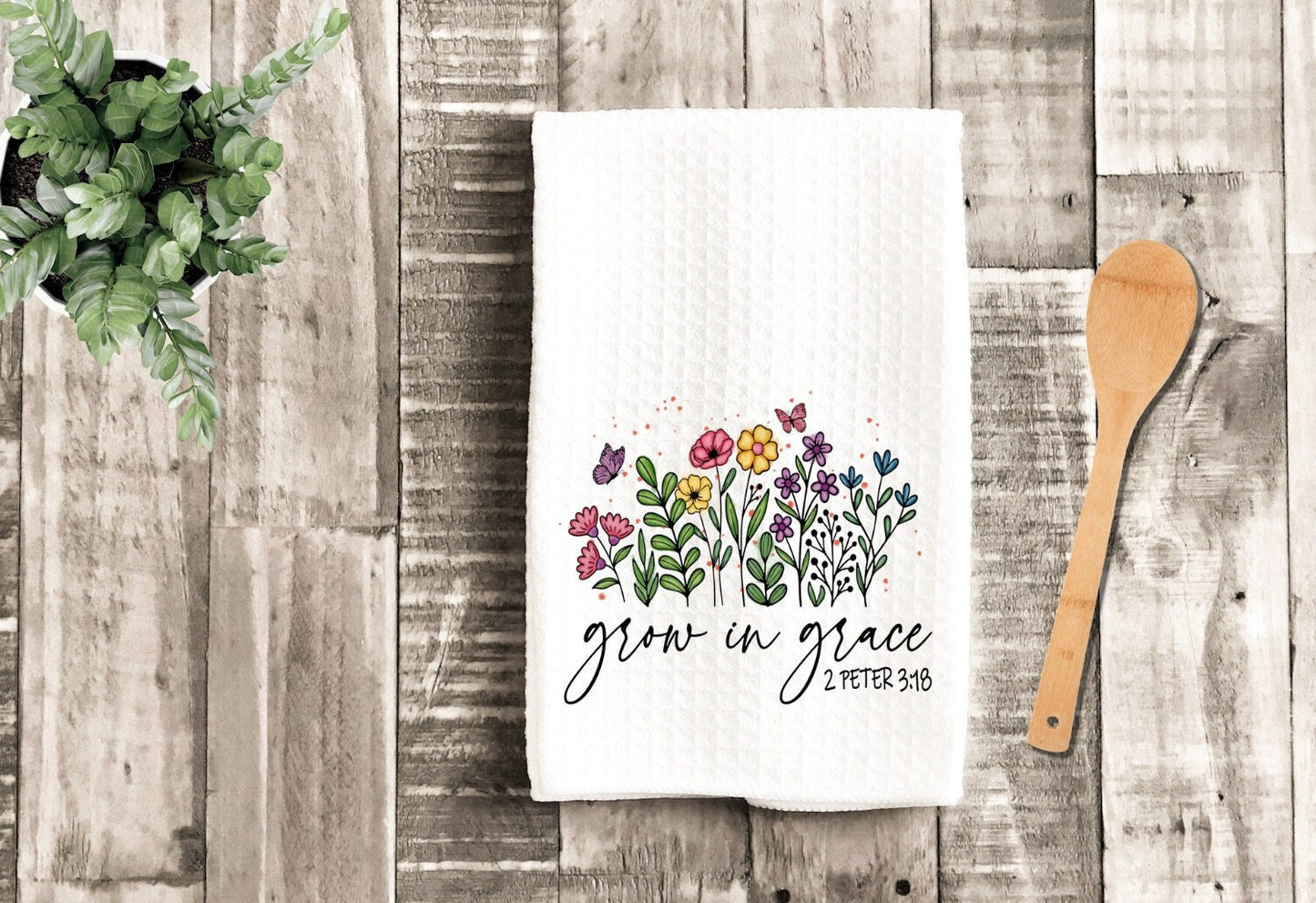 Grow In Grace Dish Towel - Spring Flowers Christian Tea Towel Kitchen - New Home Gift, Housewarming Farm Decorations house Decor Towel