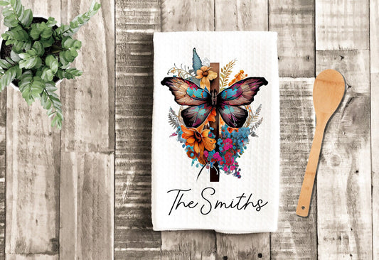 Butterfly Floral Cross Personalized Dish Towel - Christian Tea Towel Kitchen - New Home Gift, Housewarming Decorations house Decor Towel