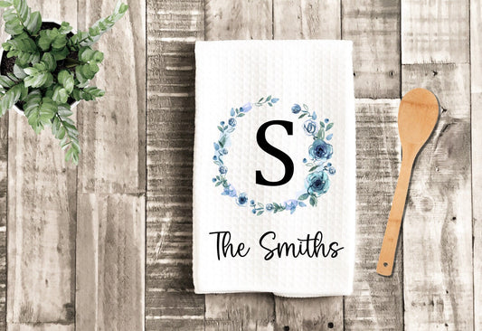 Floral Blue Wreath Personalized Tea Dish Towel - Monogram Tea Towel Kitchen Décor - Housewarming Farm Decorations house Towel