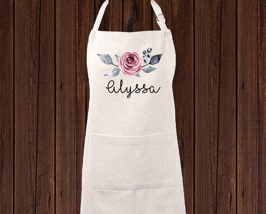 Personalized Floral Rose Linen Apron, Custom Kitchen Cooking Apron, Baker Gift Set Personalized Apron, Gifts for Mom, Grandma's Kitchen