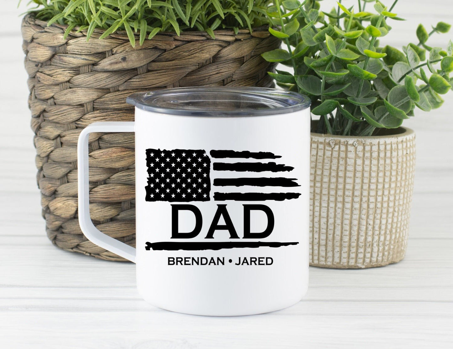 Personalized American Flag Father's Day Mug, Grandpa Travel Cup, Coffee Stainless Steel Mug With Lid