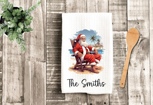 Personalized Santa On Beach Merry Christmas Tea Dish Towel - Winter Tea Towel Kitchen Décor - Housewarming Beach Decorations house Towel