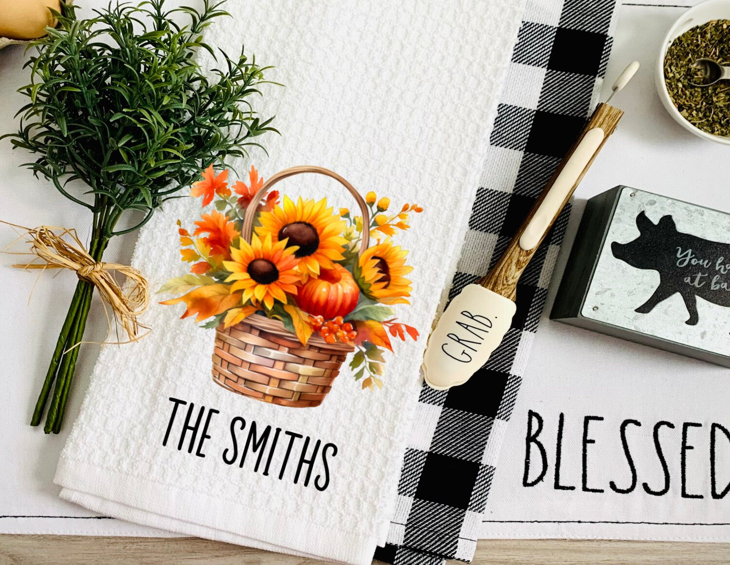 Personalized Fall Sunflower Basket Dish Towel - Fall Decor Thanksgiving Tea Towel Kitchen Decor - New Home Gift Farm Decorations house Towel
